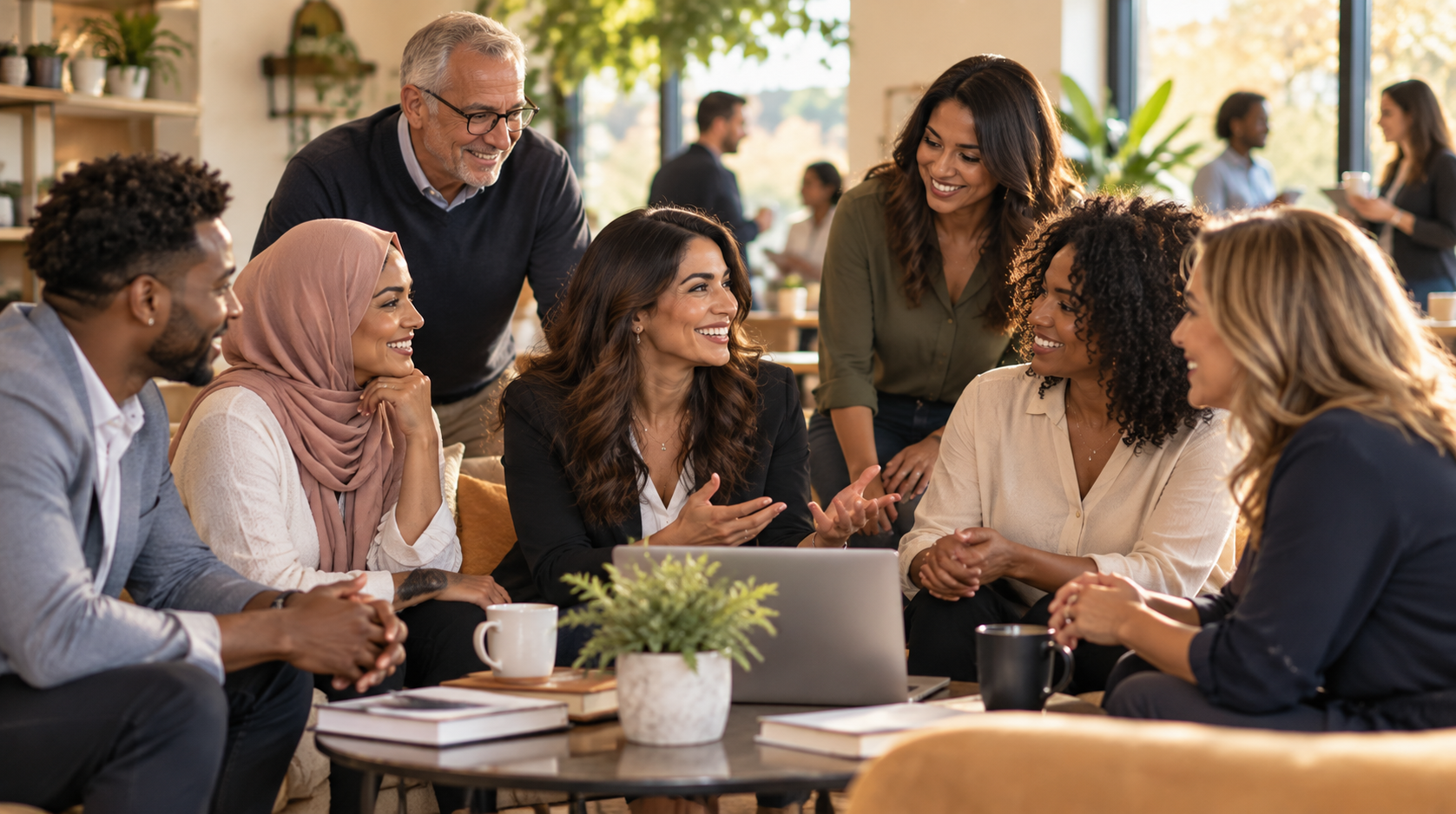 A diverse group gathered around a table in conversation
