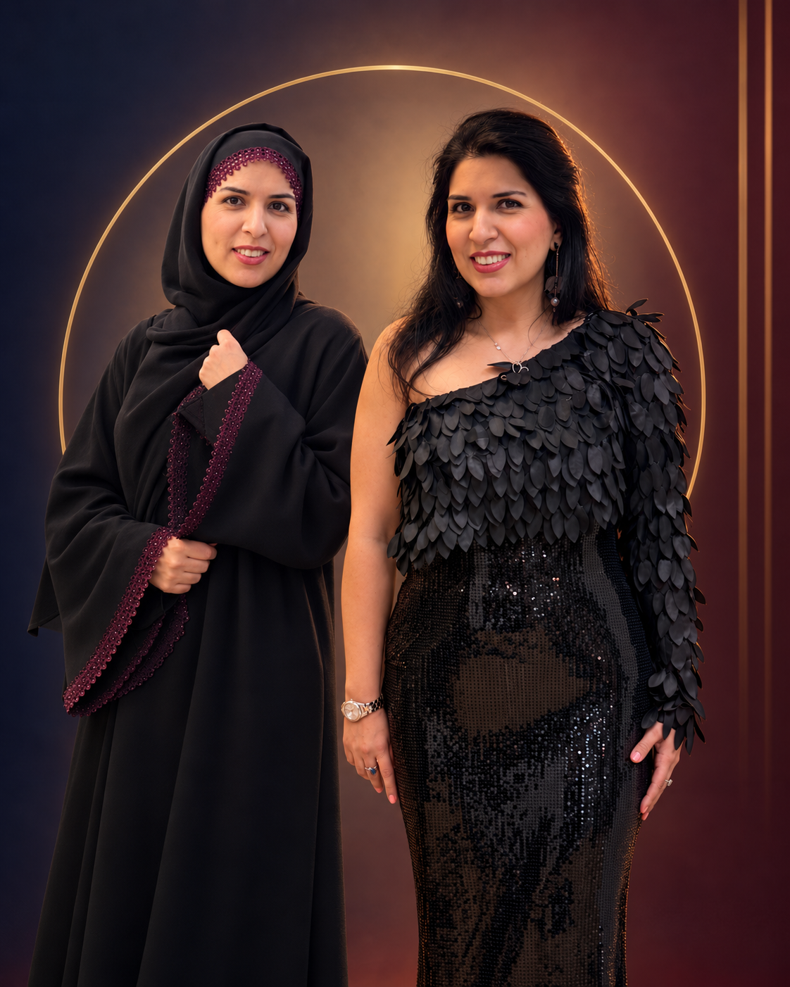 Asma with another woman against a dark navy and gold background