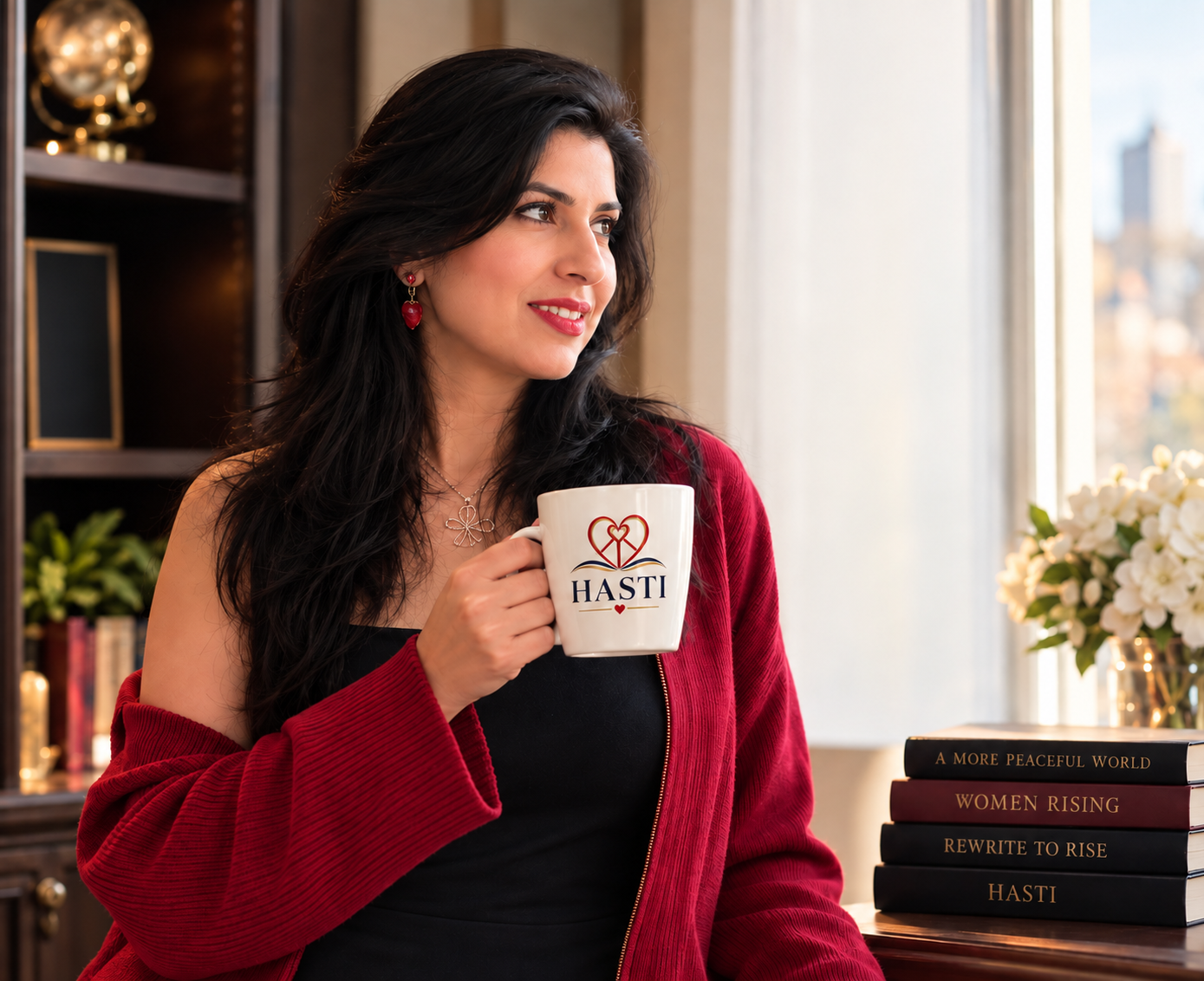 Asma Mohrsab holding a Hasti mug in a warmly lit room